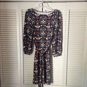 Boden jersey shift dress 3/4 sleeves Sz 10 long navy pink yellow tie belt